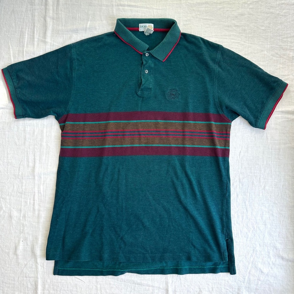 IZOD Club Vintage Men's XL Polo Shirt Green Striped Short‎ Sleeve Casual Golf